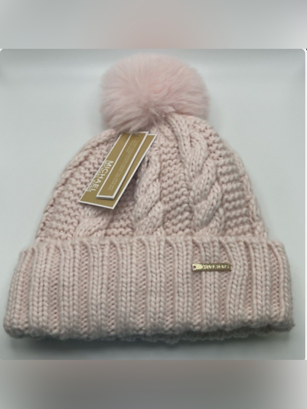 NWT Michael Kors Light Pink Cable Knit Fleece Lined Faux Fur Pom Pom Beanie Hat